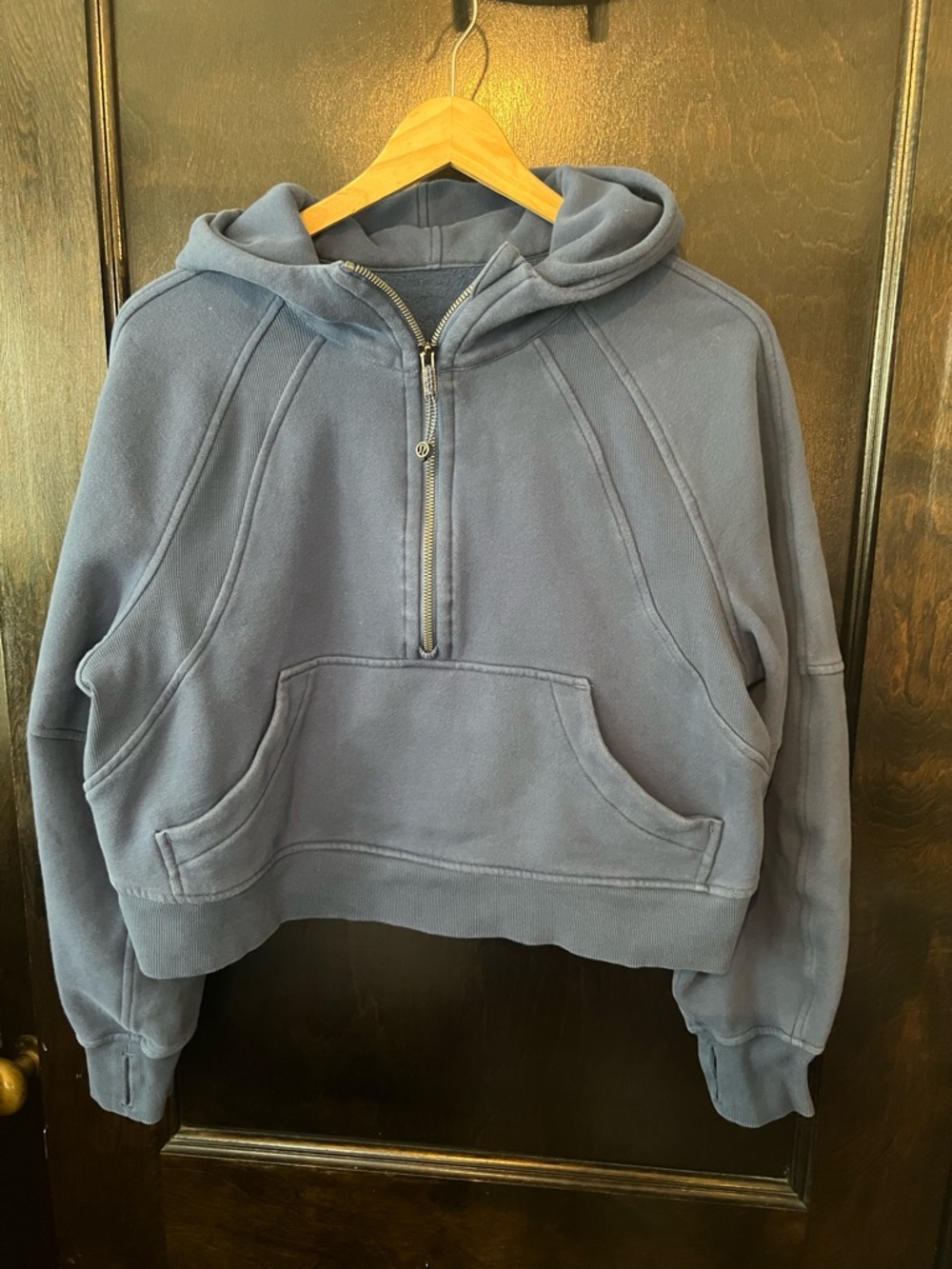 lululemon athletica cropped half-zip hoodie in muted blue-gray